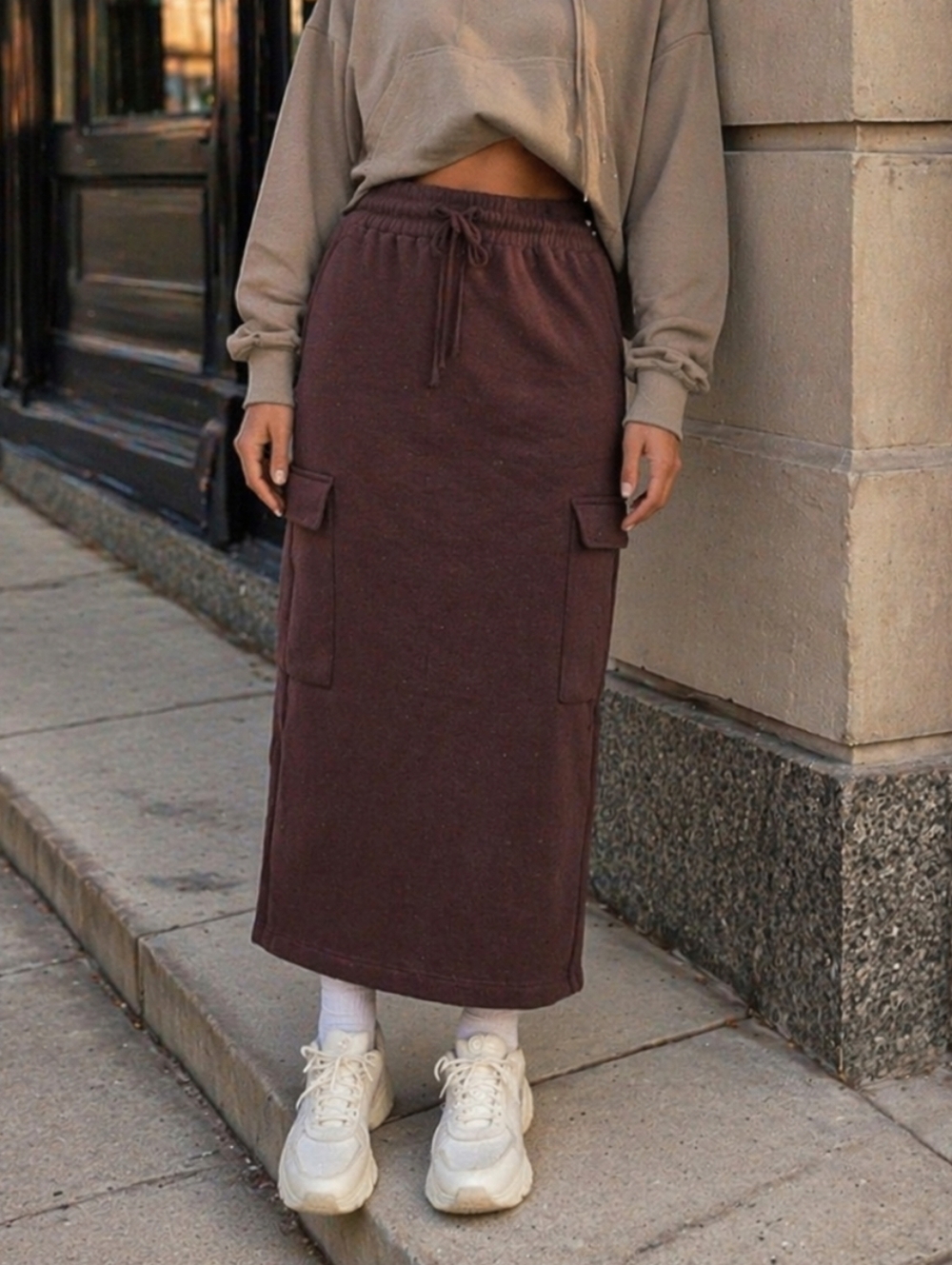 NWT Kuwalla Truffle Brown Fleece Cargo Midi Skirt Cozy Elastic Waist Back Slit